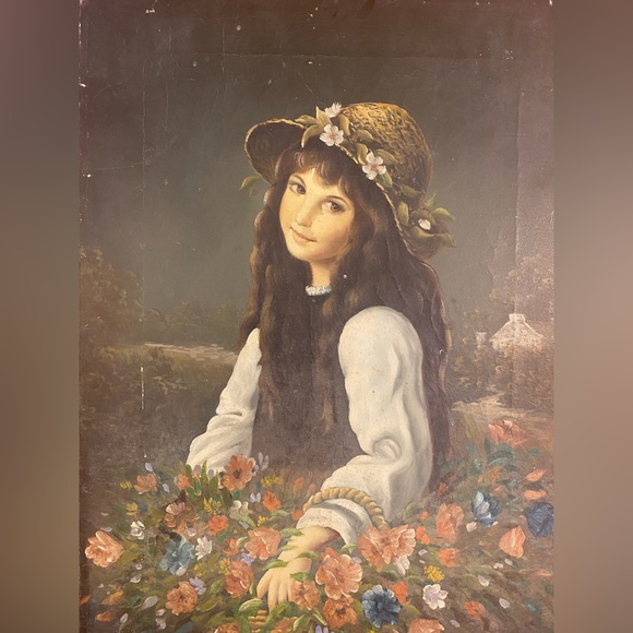 Vintage OIL ON CANVAS Young Girl Holding Basket Of Flowers Signed K. GROPIUS - Picture 11 of 13